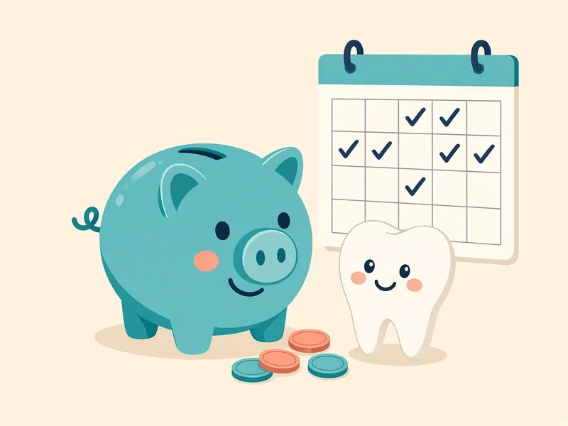 Cartoon piggy bank beside a calendar and a smiling tooth