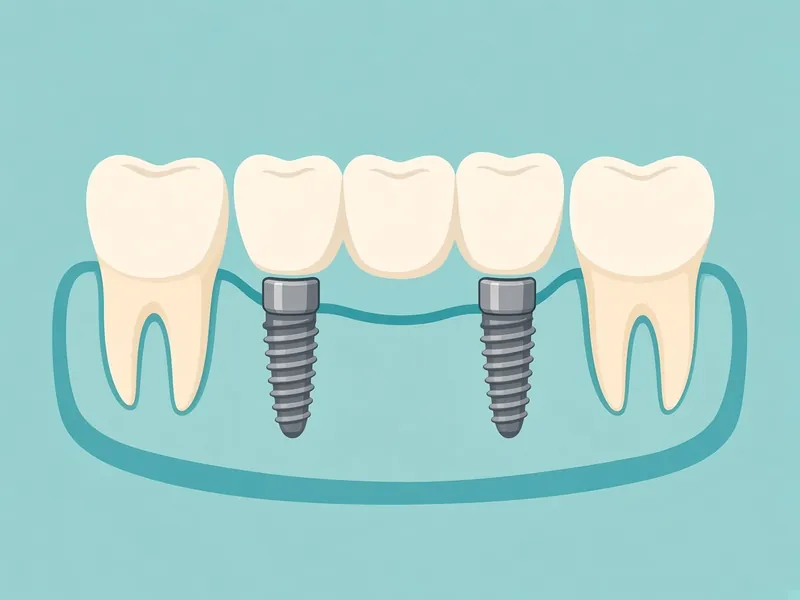 Cartoon diagram of a three-tooth bridge supported by two implant posts