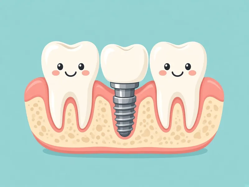 Cartoon diagram of a dental implant post and crown in the jawbone between two natural teeth